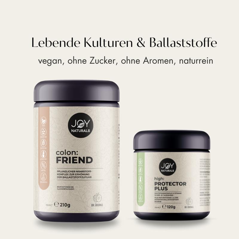 Dieses optimal aufeinander abgestimmte darm:FITNESS Bundle überzeugt durch einen synergetischen Wirkmechanismus aus Lacto- und Bifidobakterien mit einem ballasstoffreichen Wirkstoffkomplex.