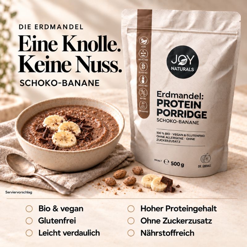 Infografik zu JOY NATURALS Erdmandel Protein Porridge Schoko-Banane: „Eine Knolle. Keine Nuss.“ mit Produktvorteilen und Serviervorschlag.
