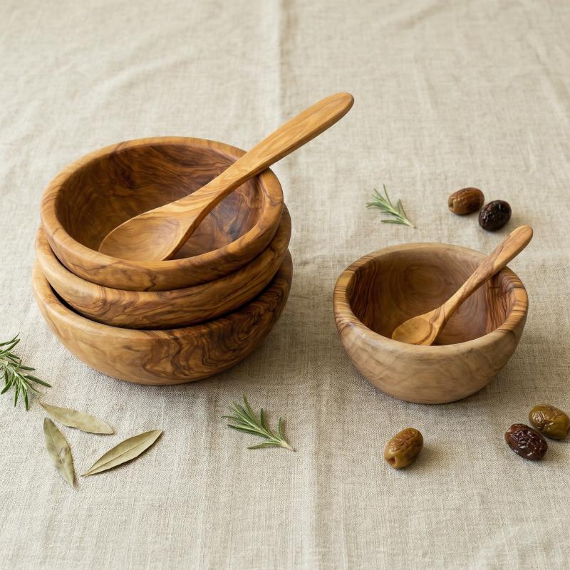 Müslischüsseln aus Olivenholz klein & groß mit Teelöffel oder Esslöffel aus Olivenholz