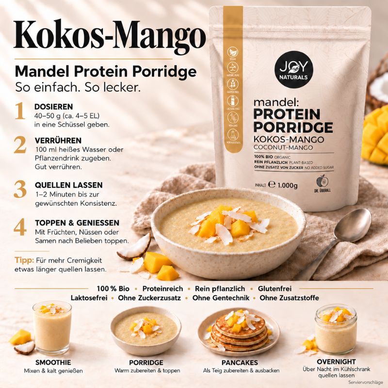 JOY NATURALS Mandel Protein Porridge Kokos-Mango: Zubereitung in vier Schritten und Serviervorschläge als Smoothie, Porridge, Pancakes und Overnight-Porridge.