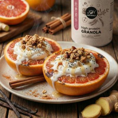 Gebackene Grapefruit mit Vanille-Sojacreme & Granola