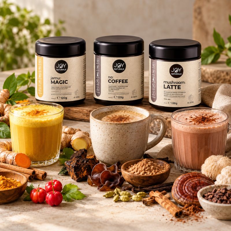 JOY NATURALS Vitalpilz- und Pflanzen-Trio mit drei aromatischen Getränkezubereitungen aus Curcumin, Ashwagandha, Reishi, Chaga und Lion’s Mane.