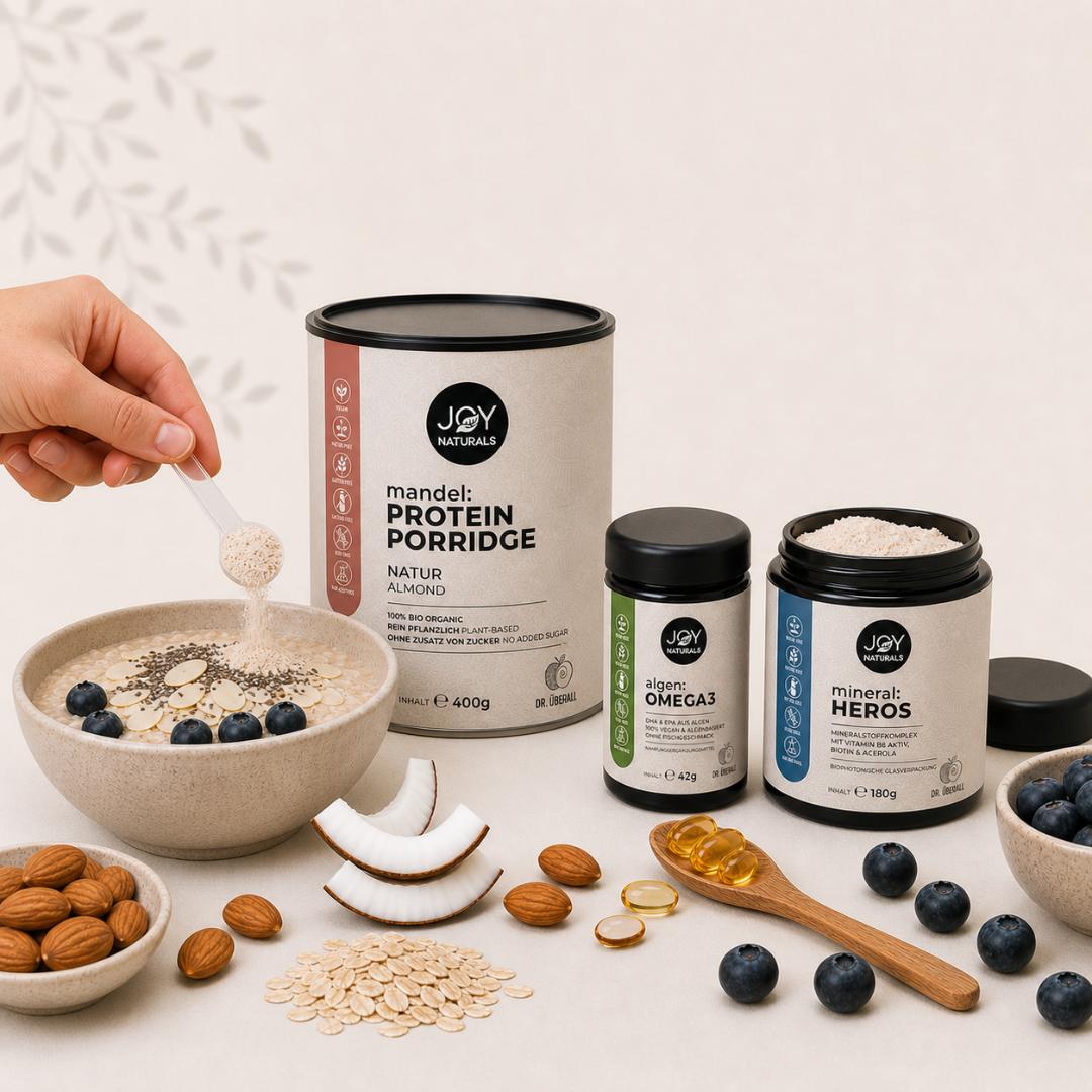 Breakfast Bundle mit Mandel Protein Porridge Natur, Omega 3 Kapseln und Mineralstoff Pulver