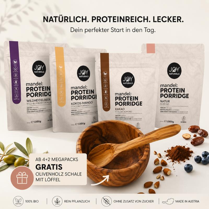 Veganes Bio Protein Porridge von JOY NATURALS – Mandel Protein Porridge Megapacks inklusive gratis Olivenholzschale und Löffel
