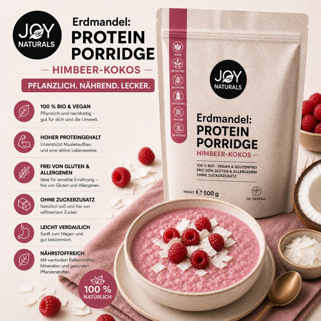 Erdmandel Himbeer Porridge mit frischen Beeren