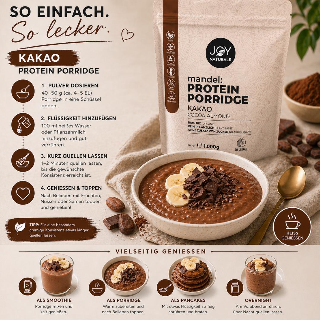 Schokoladiges Protein Porridge mit Banane und Kakao Topping