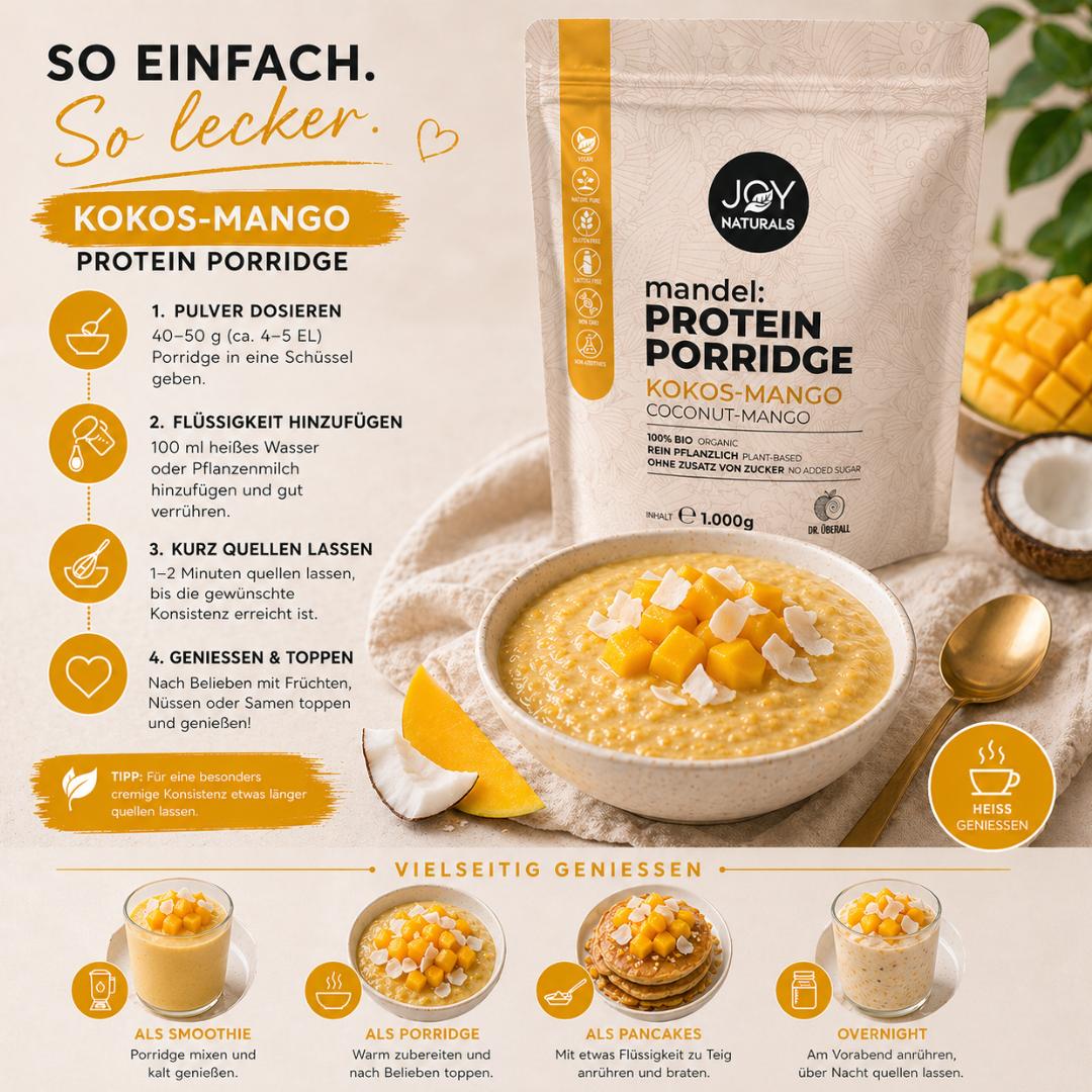Mango Kokos Porridge Bowl mit frischen Früchten