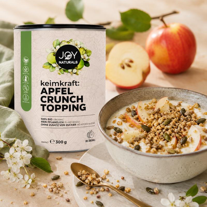Bio Apfel Crunch Topping mit gekeimten Saaten als knuspriges Topping für Porridge, Joghurt und Frühstücks-Bowls