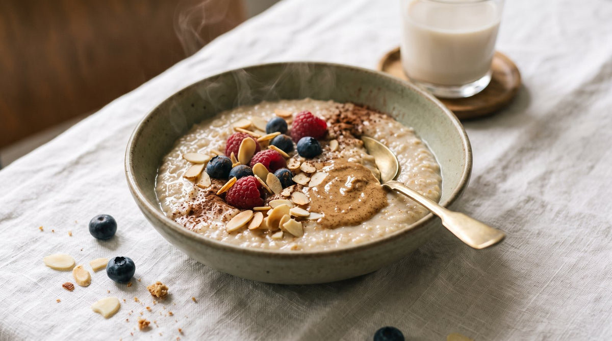 Cremiges Mandel-Porridge mit Beeren und Mandelblättchen